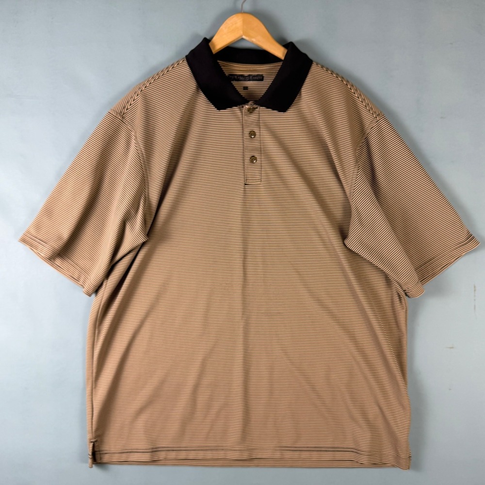 Pebble Beach Men's XL Tan Navy Micro Striped Golf Polo Shirt Short Sleeve